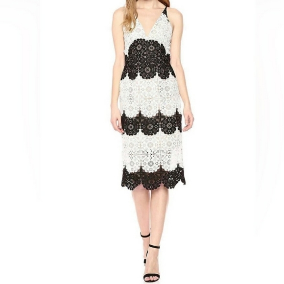 Dress the Population Vera Lace Midi Cocktail Dress Black and White Illusion M - Picture 6 of 13